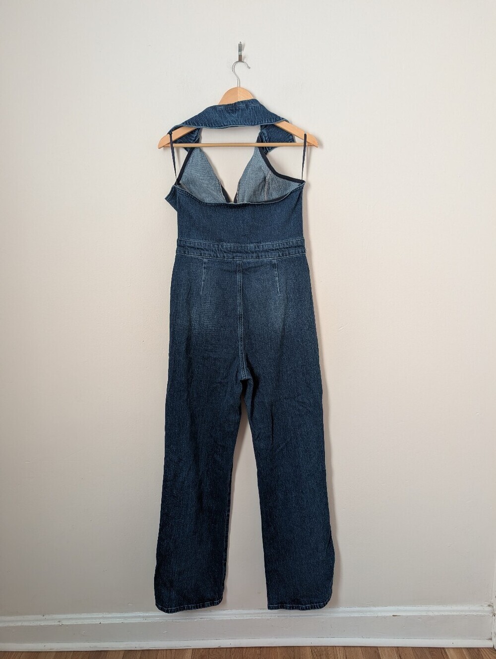 REISS Blue Denim Cotton Pennie Collared Halter Zip Front Flare Leg Jumpsuit - Picture 6 of 7